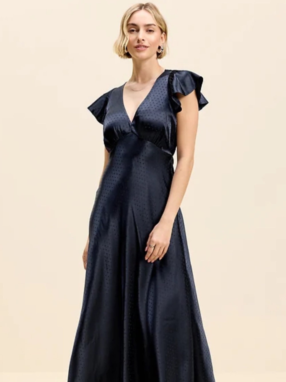 Navy Satin Flutter-Sleeve Dress